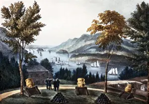 Boats Prints: Currier and Ives Print, View from Fort Putnam, West Point, Hudson River, NY With Sailboats