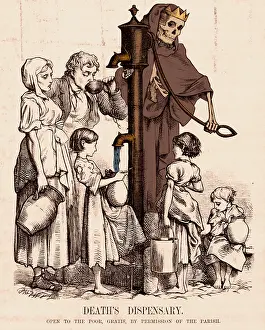 Pathological Prints: Death Gives Children Cholera Infected Water From a Pump, 19th Century Historical Drawing