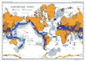 Volcanoes Prints: Earthquake Zones Map