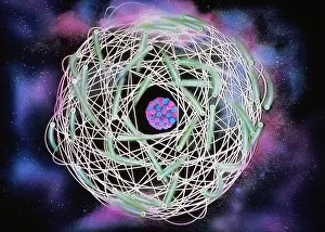 Protons Prints: Electrons orbiting atom