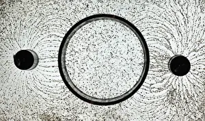 Prints of Electrostatic field lines around two point charges and a cylinder. The left point is charged to -30, 000 volts while the right point has a potential of +30, 000 volts : Electrostatic Field Lines and Faraday Cage