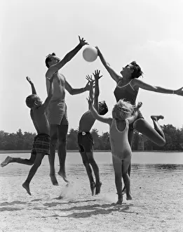 : Family Playing Beach Volleyball, C.1960s, Vintage, Nostalgia