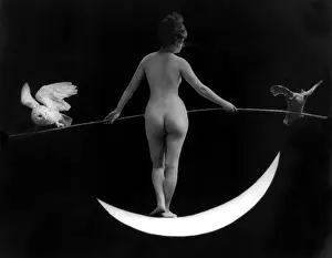 Model Prints: Female Nude Model Stands on Crescent Moon, Owls, Antique Vintage Photograph, 1895