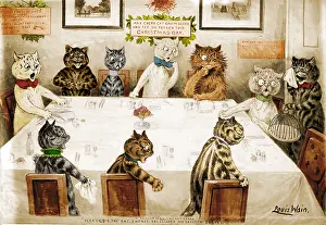 20th Prints: Funny Antique Christmas Card, Cats Eating Dinner 1906