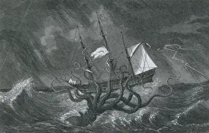 Octopodes Prints: Giant Squid Attacking Ship, 1700