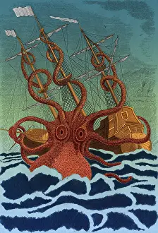 More Science & Medical Prints: Giant Squid Attacking Ship, 1801