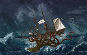 Octopodes Prints: Giant Squid Attacking Ship, 1890