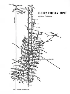Prints of Isometric projection diagram of a typical deep silver mine in northern Idaho, showing surface operations, main shaft and tunnels : Isometric Diagram of the Lucky Friday Silver Mine