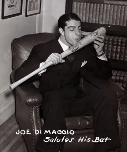 Prints of Entitled: 'Joe DiMaggio salutes his bat'. Joseph Paul DiMaggio (November 25, 1914 - March 8, 1999) was an American Major League Baseball center fielder : Joe DiMaggio, American Baseball Legend