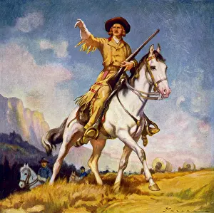 : Kit Carson American Frontiersman, Cowboy in Buckskins on a White Horse, Rifle or Gun