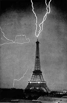 Lightning Prints: Lightning bolts striking the Eiffel Tower, Vintage Paris, France, 1902