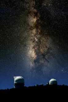 Prints of Composite image of the Harlan J. Smith 2.7 meter (107') telescope and the Otto Struve 2.1 meter (82') telescope atop Mt. Locke in Ft. Davis, Texas, against the backdrop of the summer Milky Way : Mcdonald Astronomical Observatory With the Summer Milky Way in the Night Sky