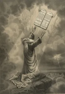 Prints of 1877 lithograph shows Moses kneeling and reaching upwards to accept the tablets inscribed with theTen Commandments from the hands of God. Angels can be seen in the heaven. Published by F. W : Moses Receiving the Ten Commandments