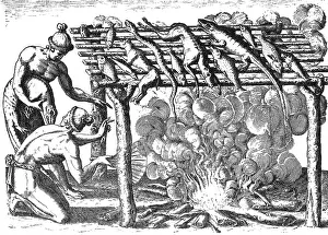 Jacques Prints: Native American Indians Barbecuing Alligators, 16th Century