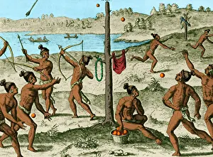 Prints of 'Exercises of the Youths' engraving shows various sports, activities designed to prepare young men for war. Theodor de Bry, 16th Century History Prints: Native American Sports, 16th Century