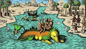 Monster Prints: Native Noblemen Riding Sea Monster, 1621