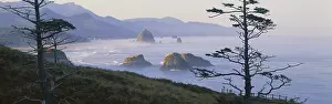 Rock Prints: Panoramic View of Mountains at Cannon Beach, Ecola State Park, Oregon