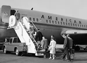 Flying Prints: Passengers Boarding a Plane Using Stairs on the Tarmac, American Airlines, Vintage