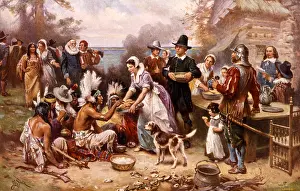 Prints of The event that some Americans commonly call the 'First Thanksgiving' was celebrated by the Pilgrims to give thanks to God for guiding them safely to the New World : Pilgrims and Native Americans, The First Thanksgiving 1621, History