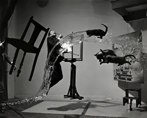 Prints of Dali, with objects hanging by wires, cats, and water caught in surreal motion photographed by Phillip Halsman, 1948 : Salvador Dali, Spanish Surrealist Artist