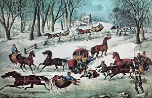 Vintage Nostalgia Prints: Sleighs, American Winter, 1870