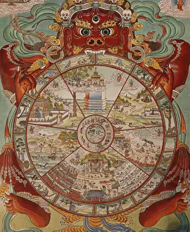 Prints of Thangka, a Tibetan silk painting with embroidery. This one depicts the Buddhist Wheel of Life held by Yama, the Lord of Death : Thangka Painting, Buddhist Wheel of Life, Tibetan