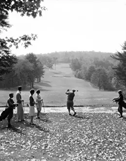 Prints of Group of golfers teeing off at a country club in the Berkshires. Circa 1920s-30s : Trinity, Atomic Bomb, Test Explosion, New Mexico, Manhattan Project