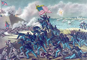 Prints of Entitled: 'Storming Fort Wagner' showing Union soldiers storming the walls of Fort Wagner on Morris Island, South Carolina, and engaging some Confederate soldiers in hand-to-hand combat : Union and Confederate Soldiers, Battle of Fort Wagner, Civil War, 1863