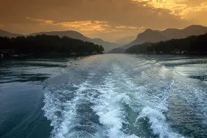 Landscapes Prints: Wake of a Boat Engine, at Sunset, Mountains, Lake Lure, Nc
