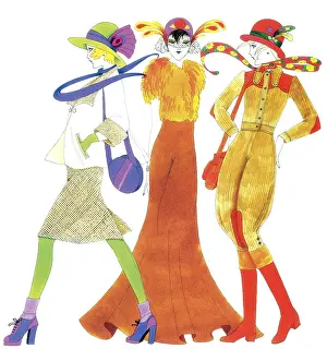Prints of Entitled; 'Destiny fashion illustration by Caroline Smith, 1970.' Caroline Smith was a fashion illustrator who used geometric shapes, bright colors, and heart-shaped faces History Prints: Women's Fashion, 1970