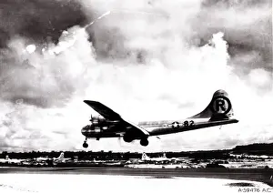 Prints of On August 6, 1945, the Enola Gay, a Boeing B-29 Superfortress bomber, was used to drop, from an altitude of 31, 600 feet, the 'Little Boy' atomic weapon, destroying Hiroshima, Japan : WWII, Enola Gay Landing After Hiroshima Bombing